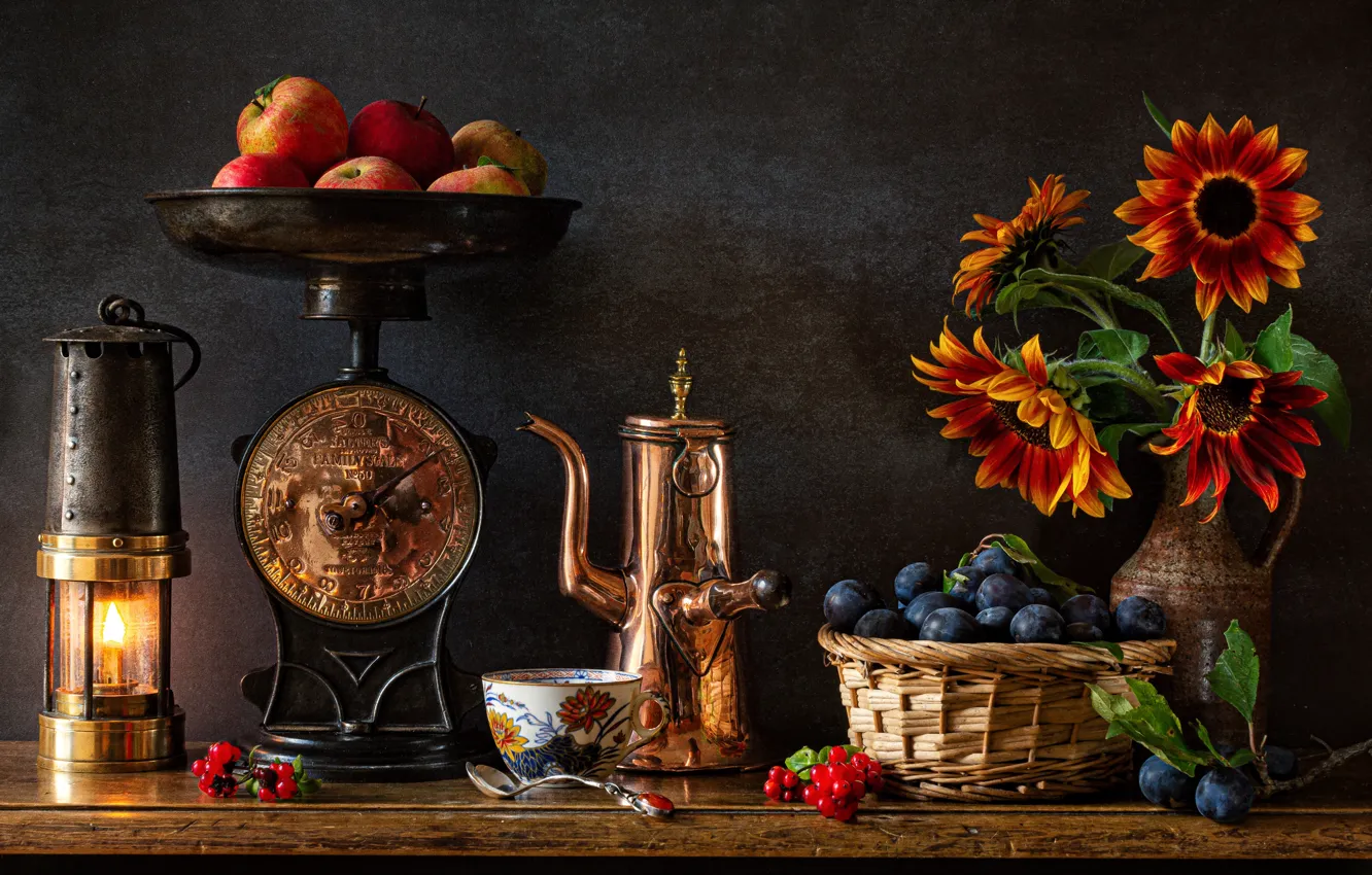 Photo wallpaper flowers, basket, apples, lamp, Cup, fruit, still life, plum