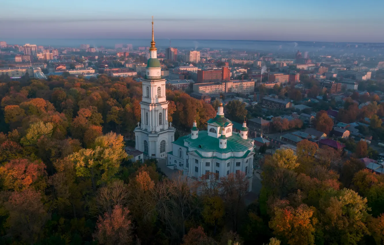 Photo wallpaper autumn, trees, building, home, panorama, temple, Russia, the bell tower