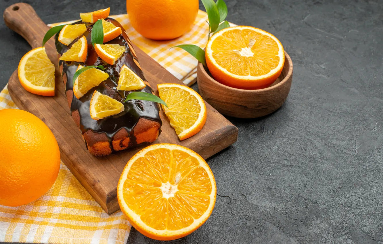 Photo wallpaper leaves, orange, chocolate, towel, cake, bowl, grey background, cream