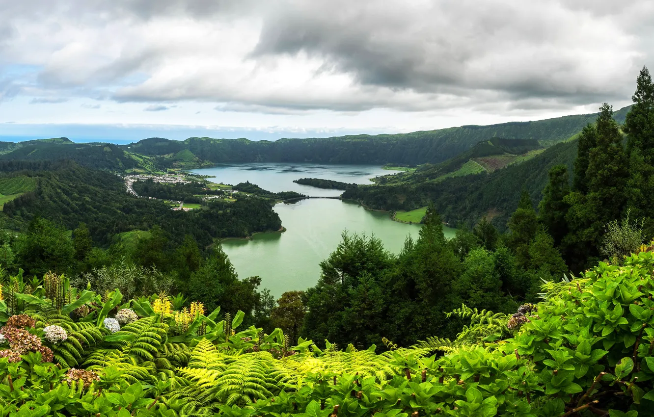 Photo wallpaper greens, forest, clouds, trees, mountains, lake, island, Portugal