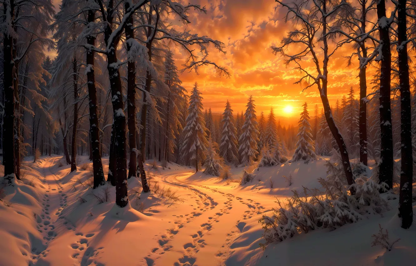 Photo wallpaper winter, forest, snow, sunset, traces, AI art