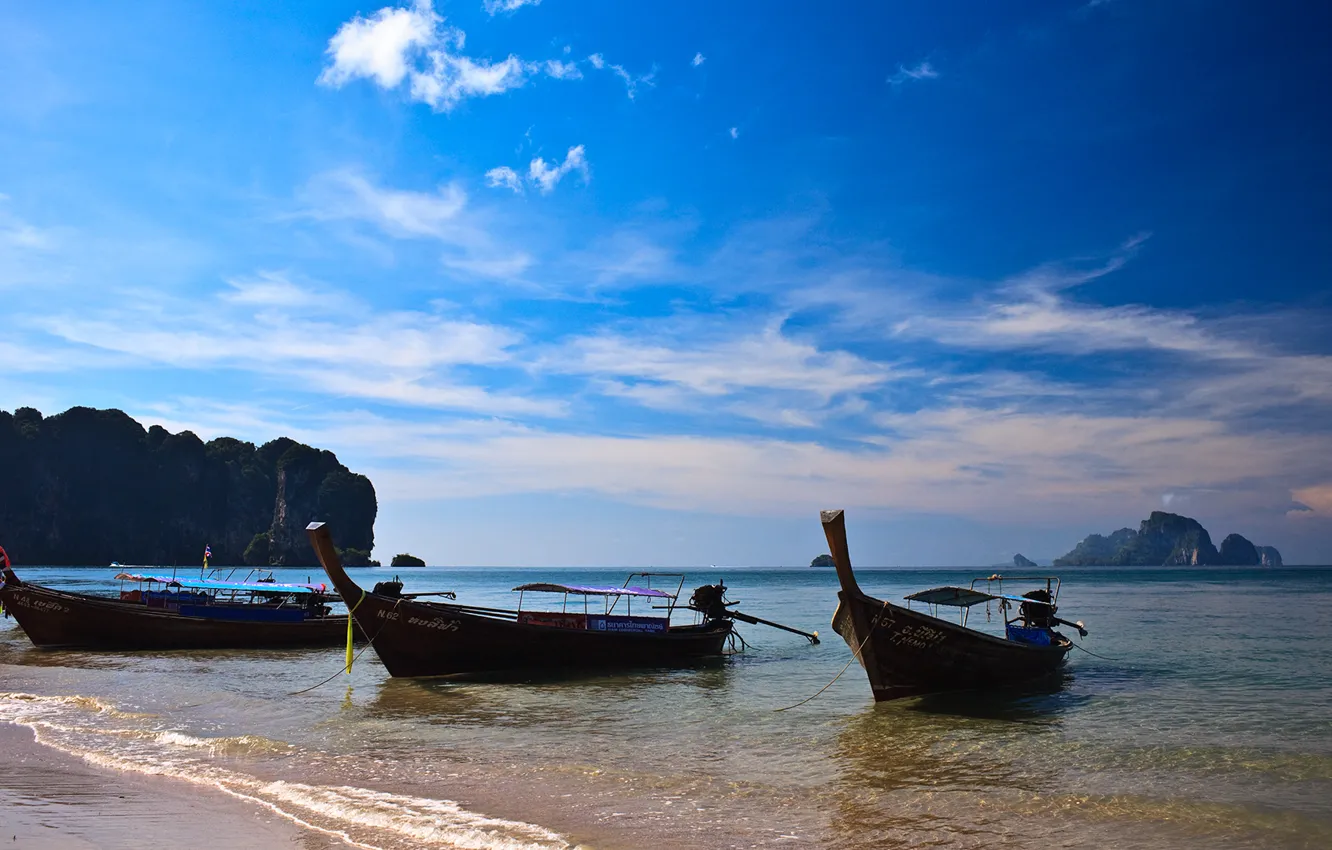 Photo wallpaper sea, the sun, mountains, Longboat, Thailand