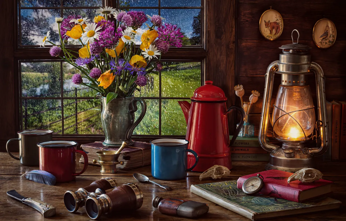 Photo wallpaper flowers, style, bouquet, window, lights, mug, binoculars, book