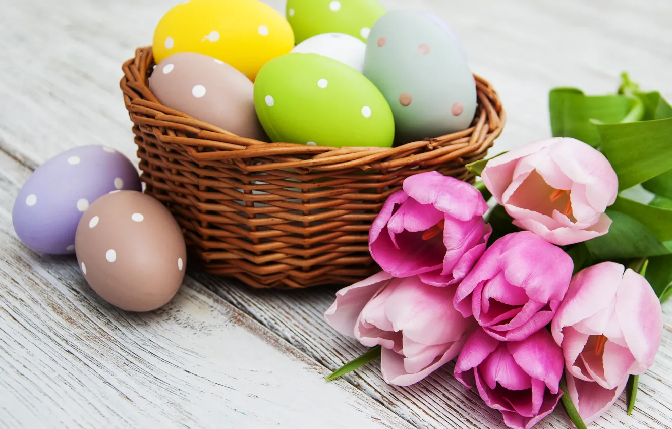 Photo wallpaper flowers, eggs, spring, colorful, Easter, tulips, wood, pink