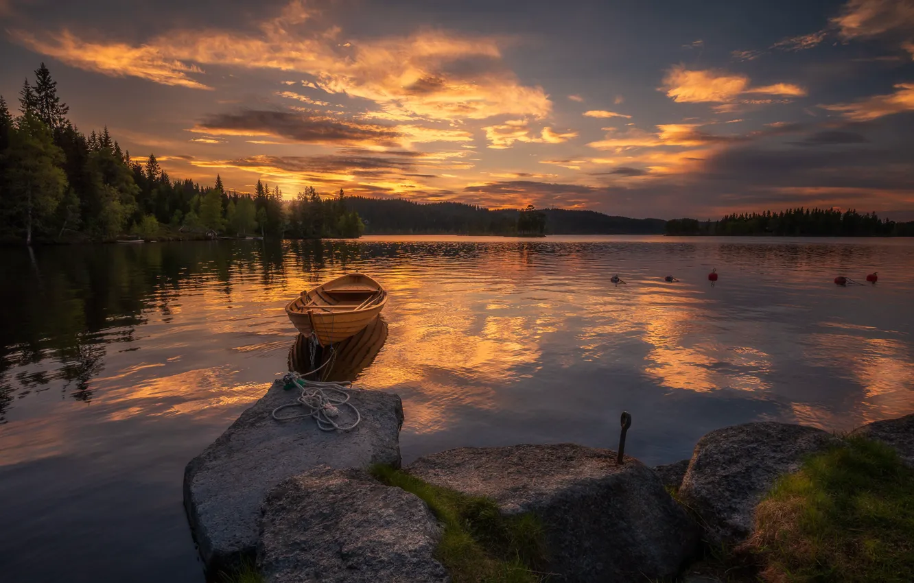 Photo wallpaper nature, boat, the evening, pond