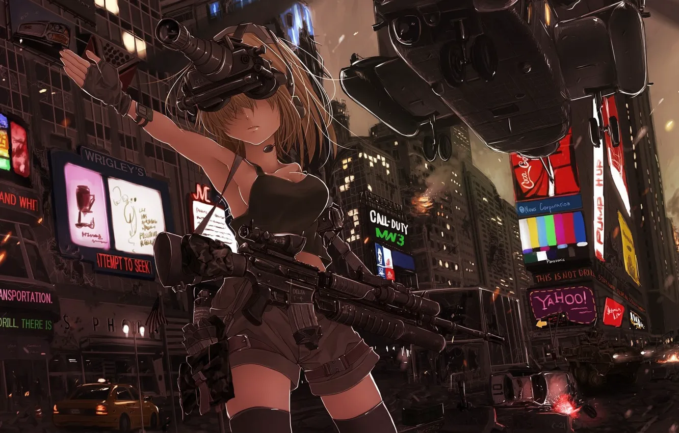 Photo wallpaper car, city, gun, Call of Duty, chaos, weapon, police, anime