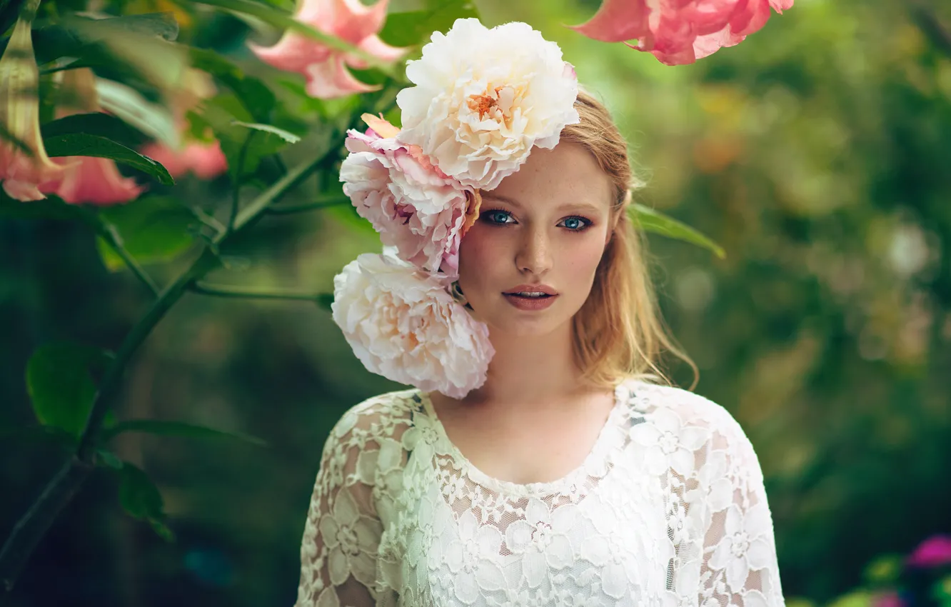 Photo wallpaper look, flowers, pose, model, portrait, makeup, garden, dress