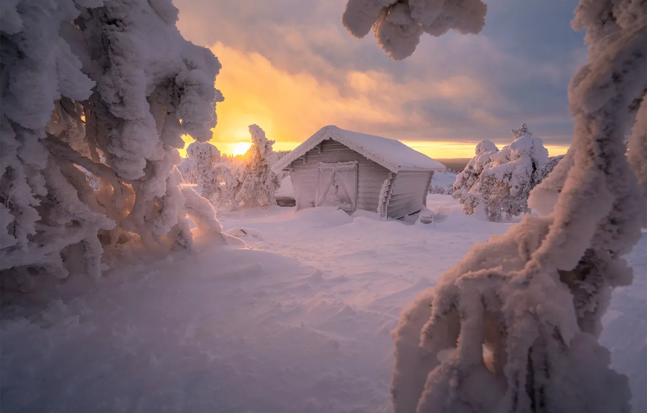 Photo wallpaper winter, snow, sunset, hut, the snow, hut, Russia, trees