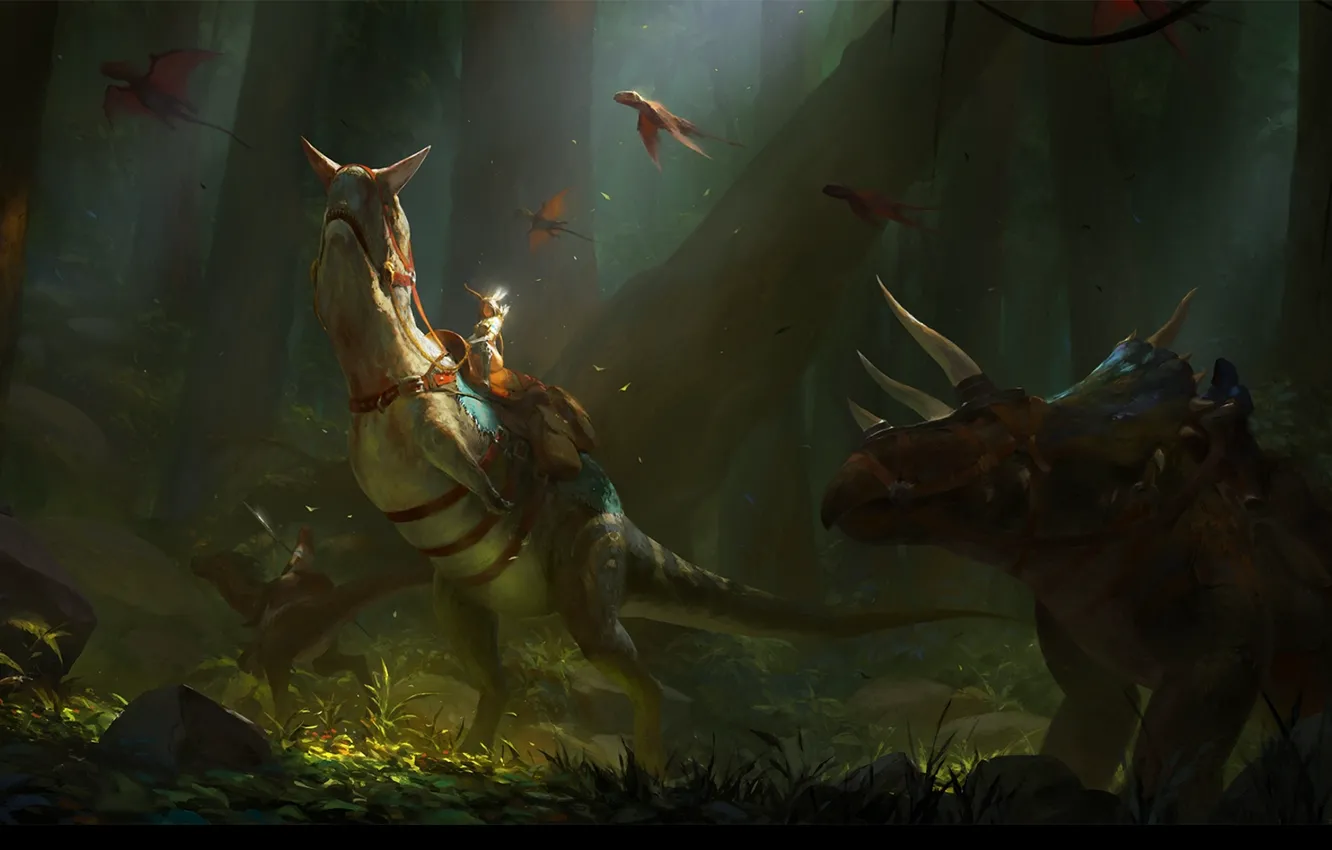 Photo wallpaper forest, figure, dinosaur, fantasy, art, rider, fantasy, forest