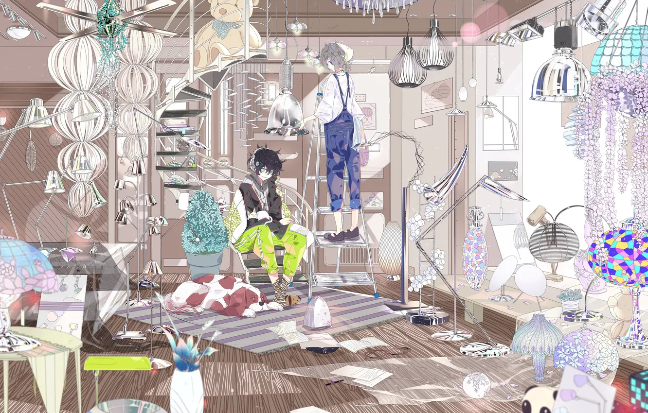 Photo wallpaper cat, flowers, room, dog, anime, headphones, bear, art