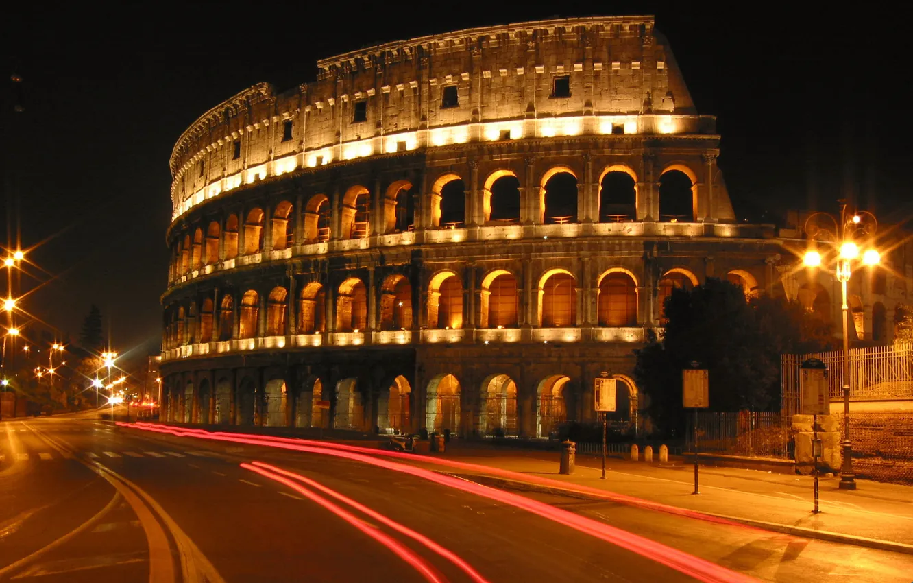 Photo wallpaper the city, lights, the evening, lights, Colosseum, Italy, architecture