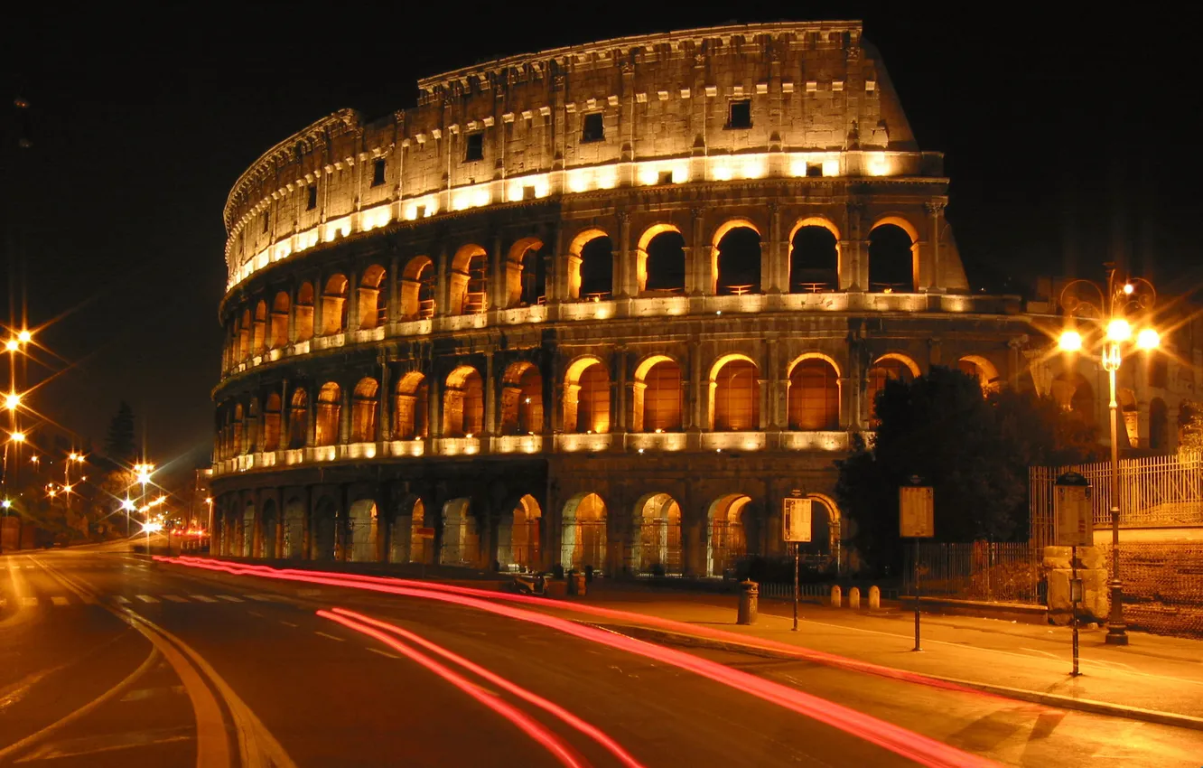 Photo wallpaper the city, lights, the evening, lights, architecture, Colosseum, Italy