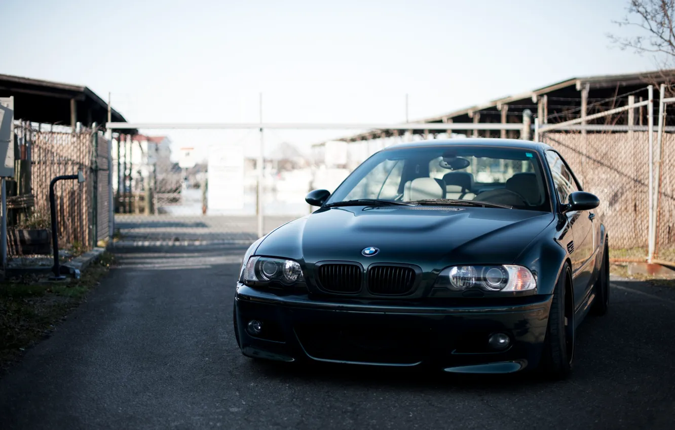 Photo wallpaper the sky, black, bmw, BMW, the fence, black, the front, e46