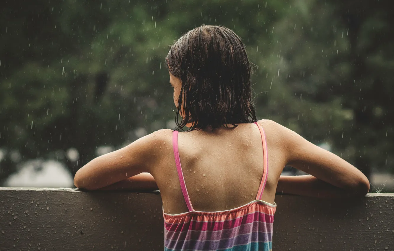 Photo wallpaper drops, rain, girl