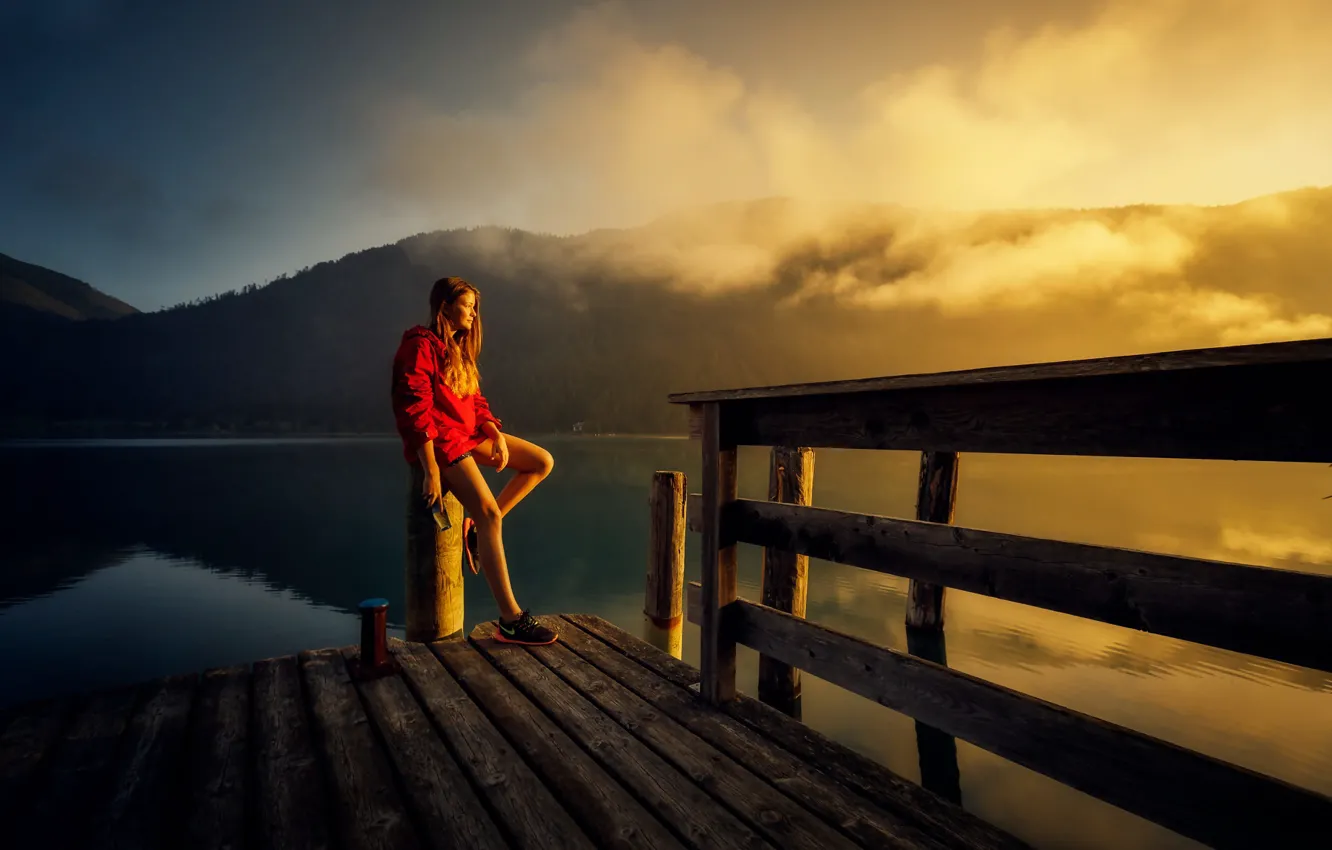 Photo wallpaper mountains, pier, girl, Martin Stone Thaler
