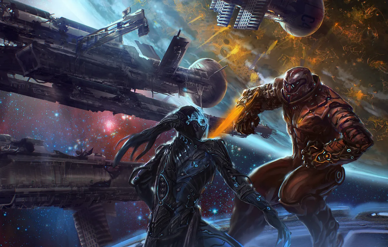 Photo wallpaper space, ships, stars, fight, Duel