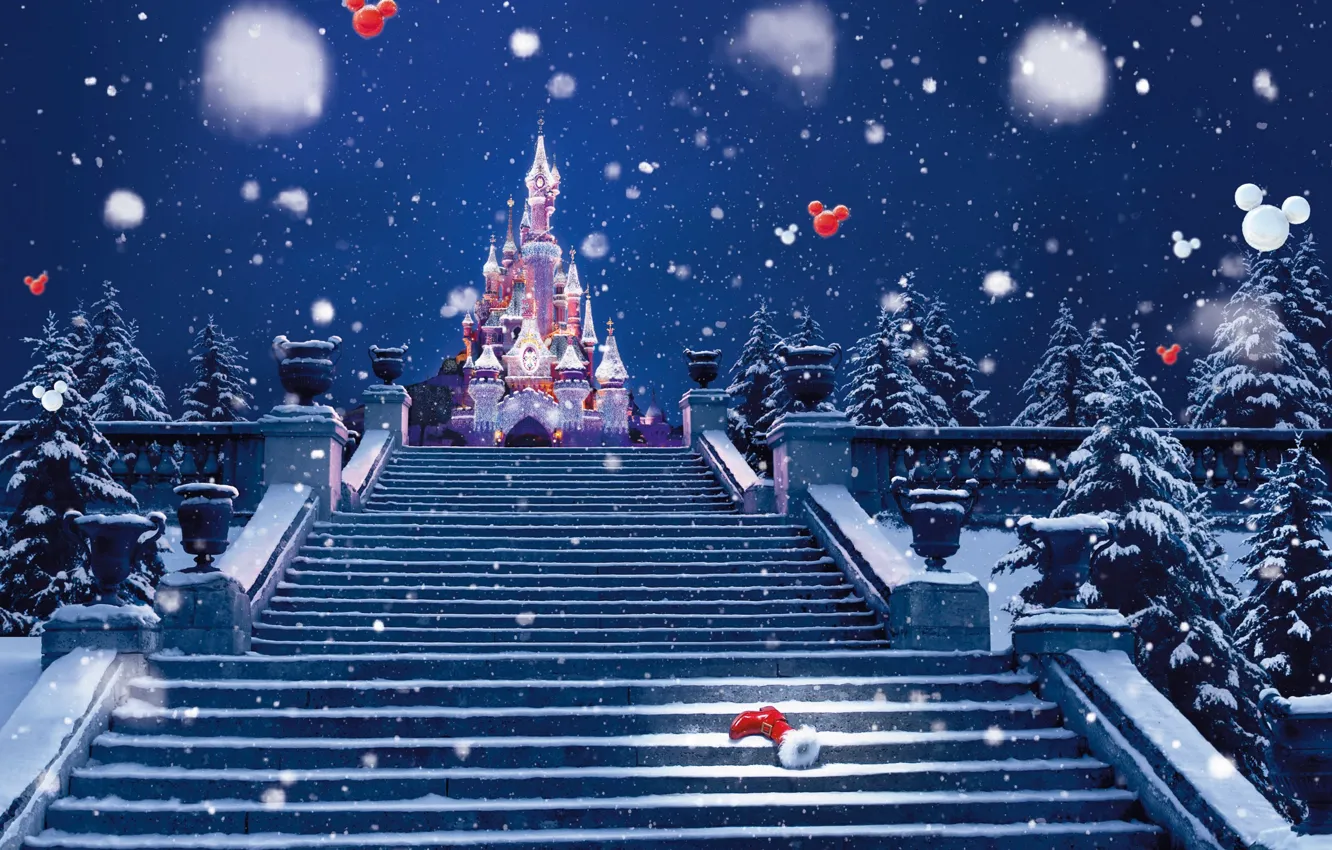 Photo wallpaper winter, snow, decoration, lights, castle, holiday, Paris, tree