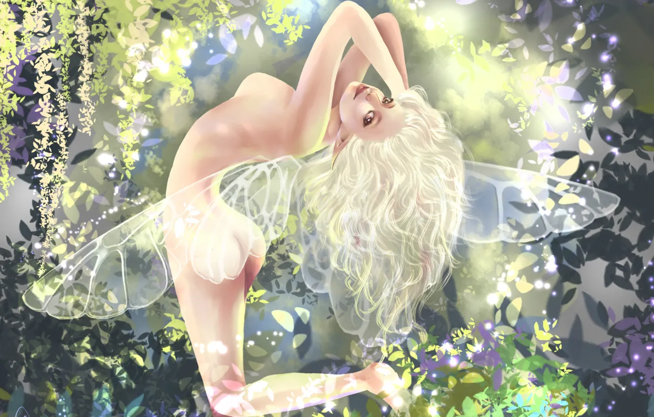 Photo wallpaper pose, smile, lights, foliage, fairy, wings, white hair, forest nymph