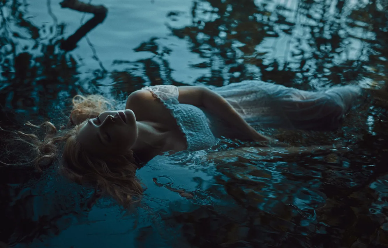 Photo wallpaper water, surface, mood, blonde, pond, sundress, Photographer Martin Strauss