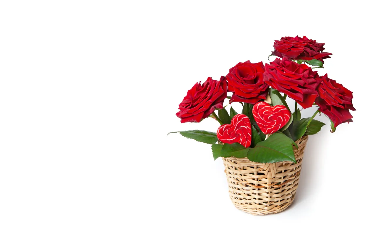 Photo wallpaper red, roses, bouquet, basket