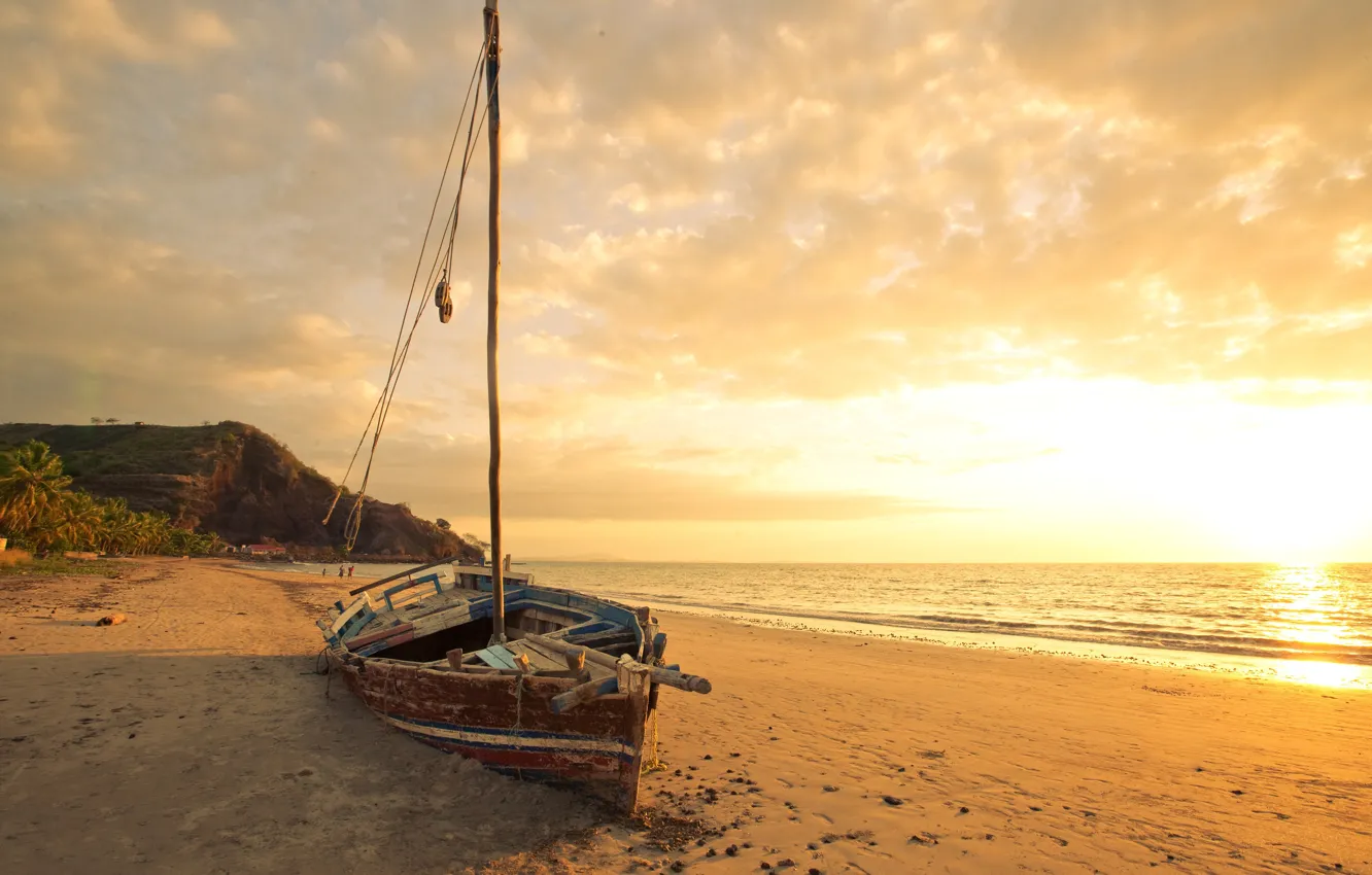 Photo wallpaper sand, sea, beach, dawn, boat