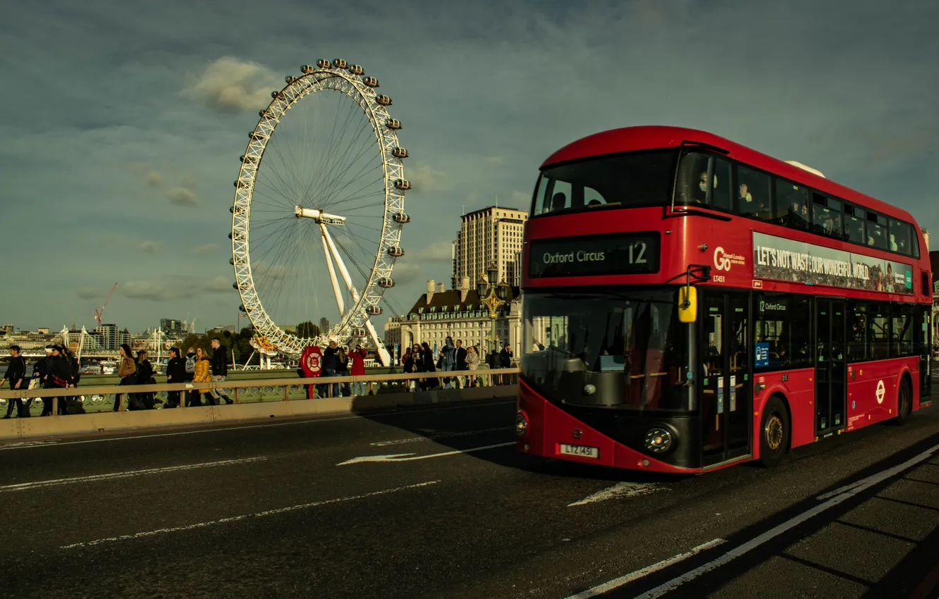 Photo wallpaper London, UK, Ferris wheel, bus