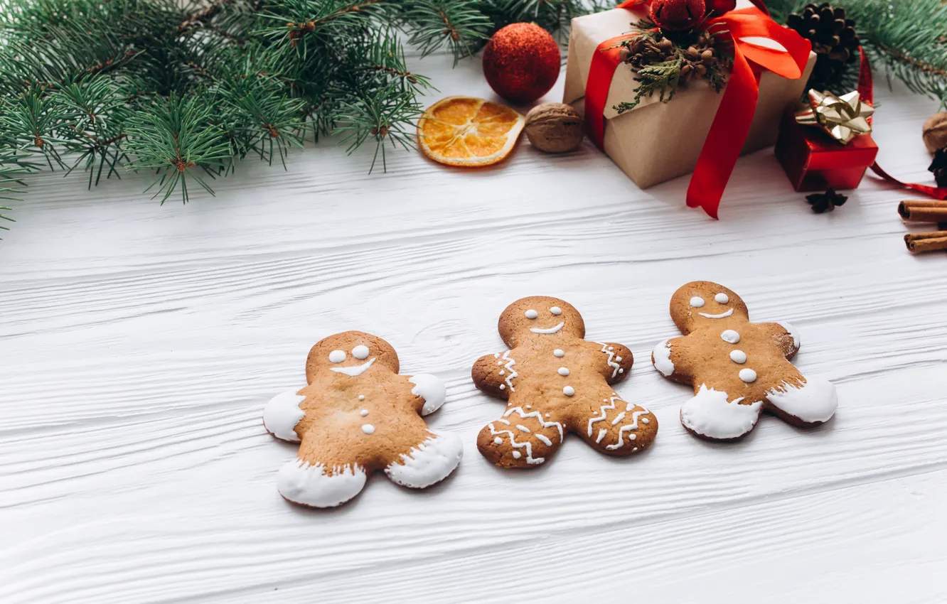 Photo wallpaper holiday, gift, new year, spruce, gingerbread, treats