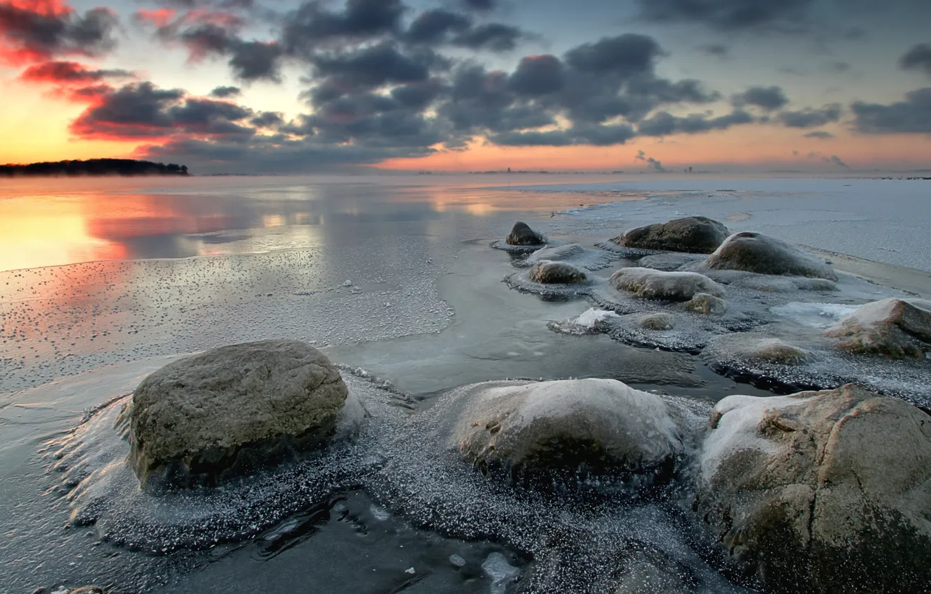 Photo wallpaper ice, winter, lake, stones, dawn, morning, frost