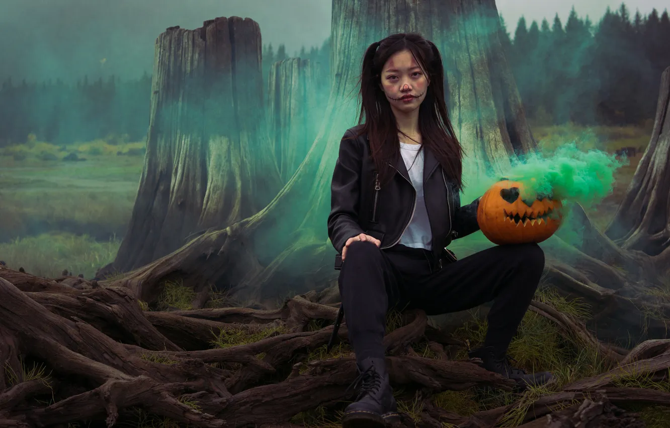 Photo wallpaper autumn, girl, roots, fog, holiday, smoke, pair, pumpkin