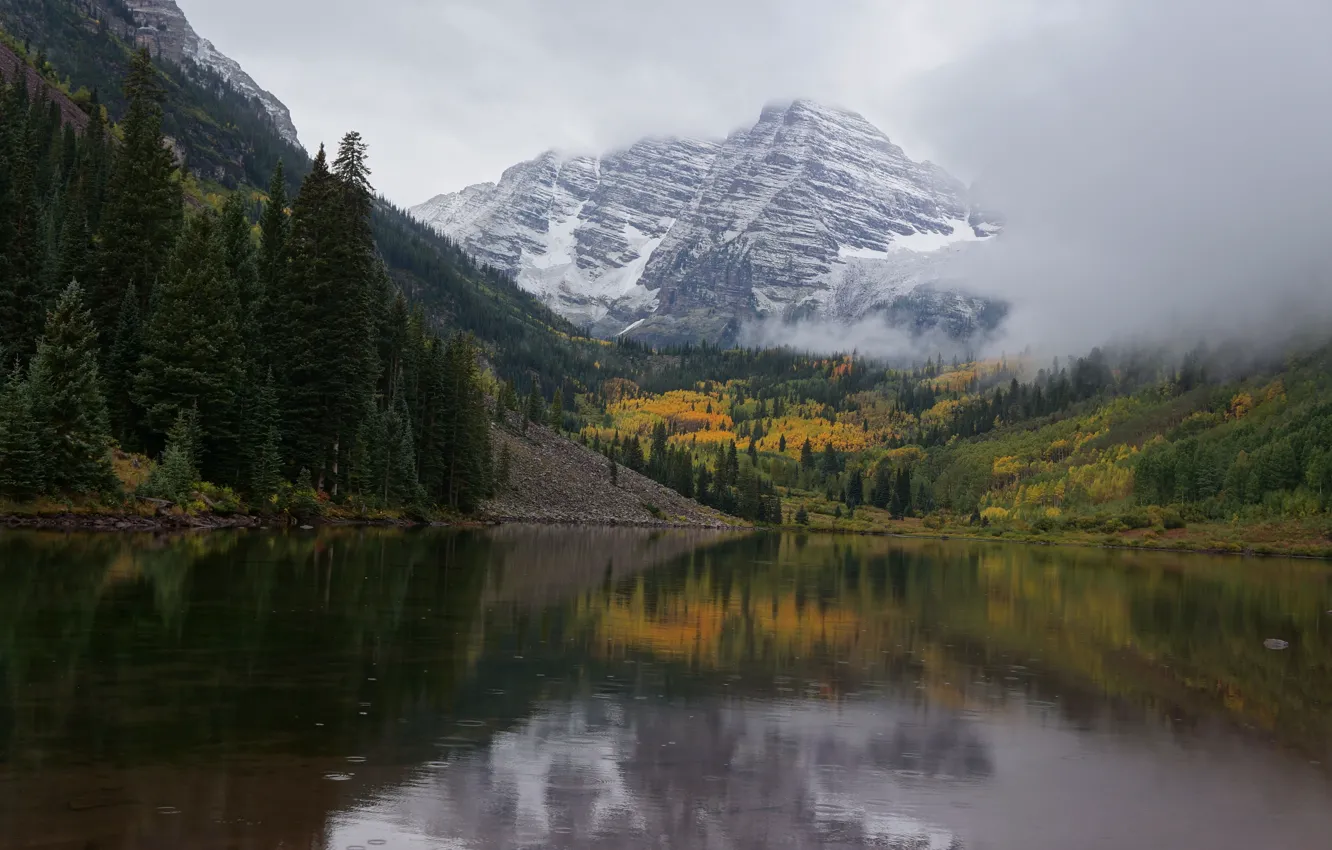 Photo wallpaper trees, mountains, clouds, nature, fog, lake, rain, overcast