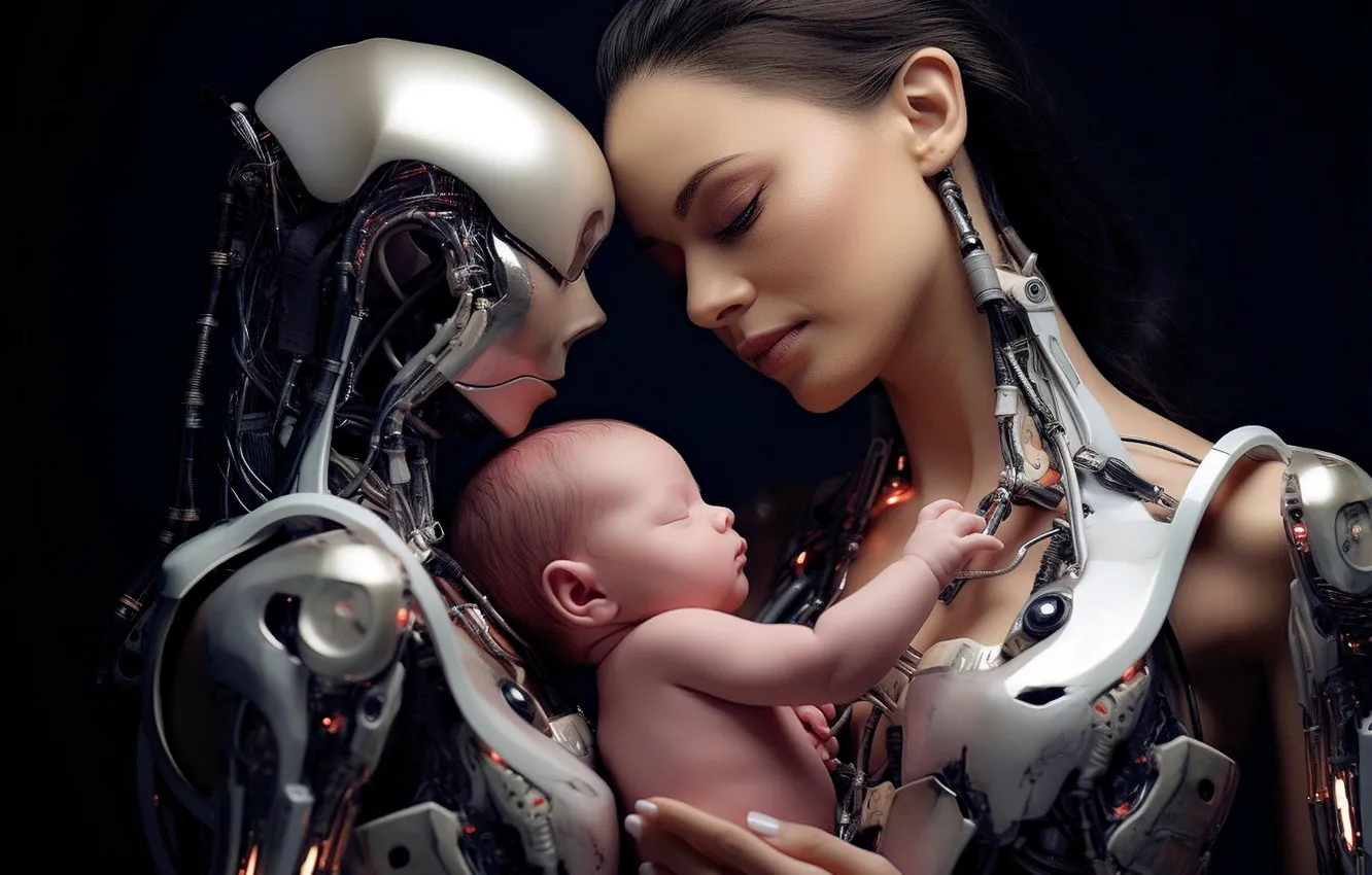 Photo wallpaper children, wire, mechanism, robot, family, hugs, Android, baby