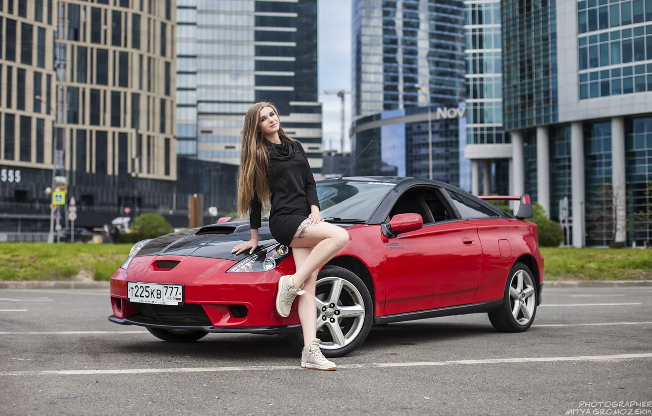 Photo wallpaper road, auto, girl, pose, building, legs, Toyota, celica