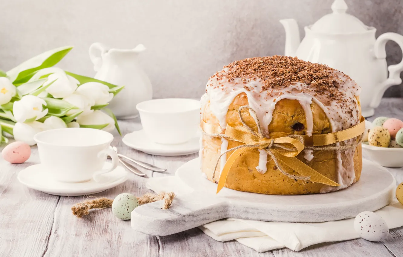 Photo wallpaper flowers, eggs, spring, Easter, tulips, white, cake, cake