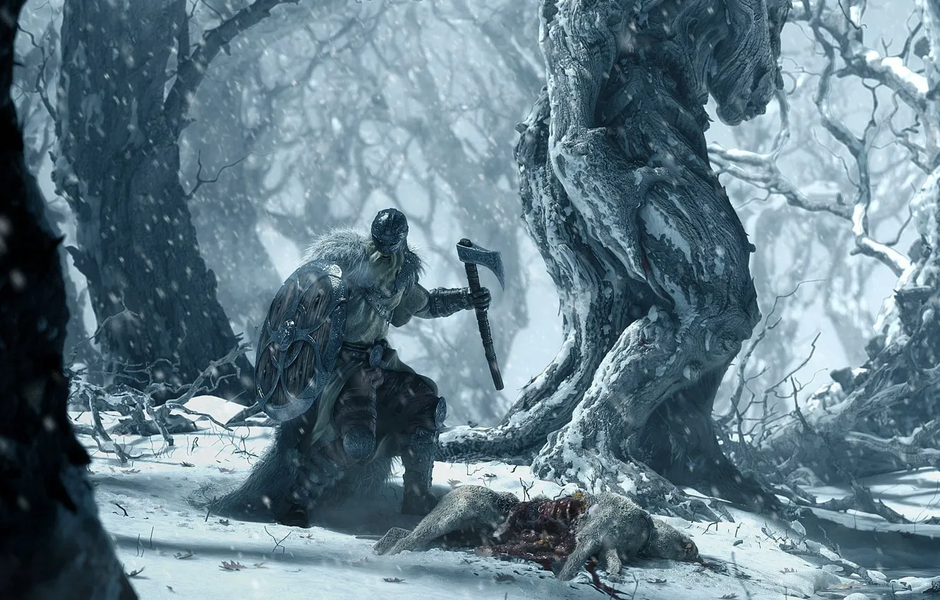 Photo wallpaper forest, snow, trees, weapons, armor, warrior