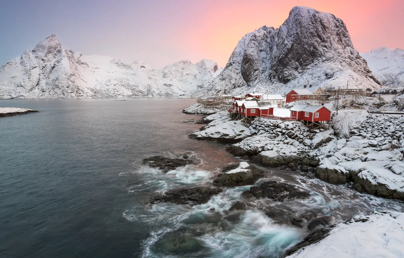 Photo wallpaper winter, wave, the sky, snow, landscape, mountains, nature, stones