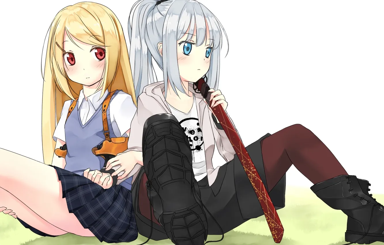 Photo wallpaper look, girl, weapons, katana, blush, two, sitting, art