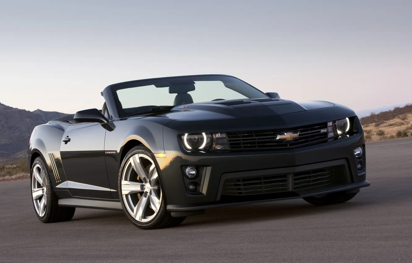 Photo wallpaper the sky, mountains, black, Chevrolet, Camaro, convertible, Chevrolet, muscle car