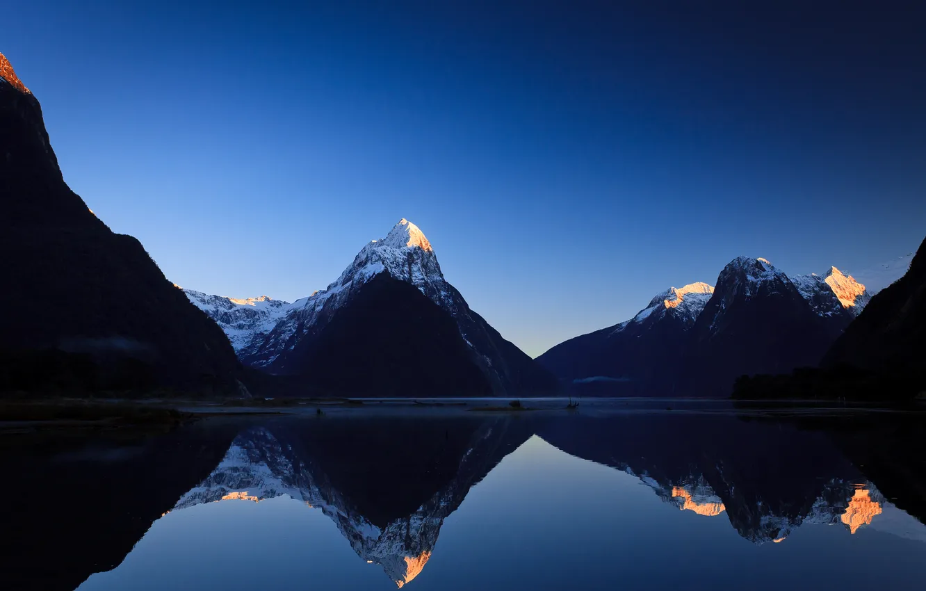 Photo wallpaper mountains, lake, reflection, dawn, New Zealand, New Zealand