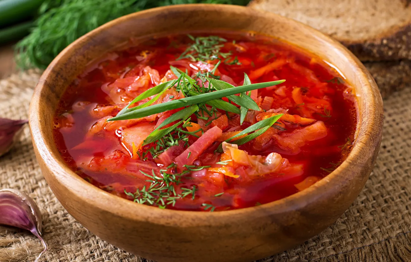 Photo wallpaper greens, bread, soup, garlic