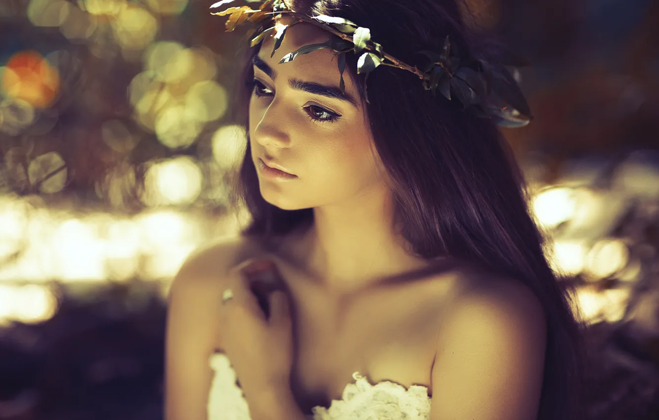 Photo wallpaper leaves, girl, dress, brunette, neckline, profile, wreath