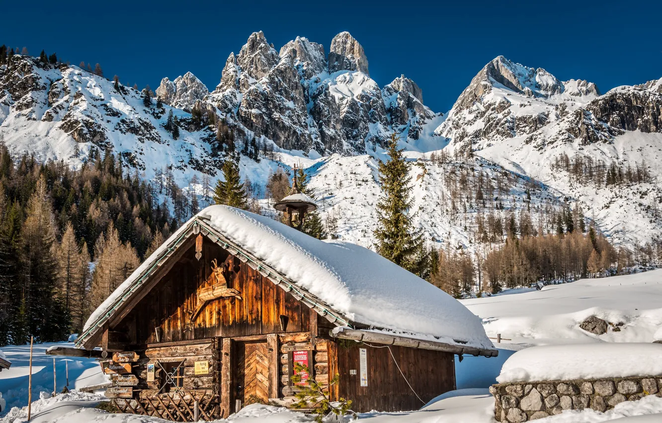 Photo wallpaper winter, snow, mountains, Austria, Alps, house, Austria, Alps