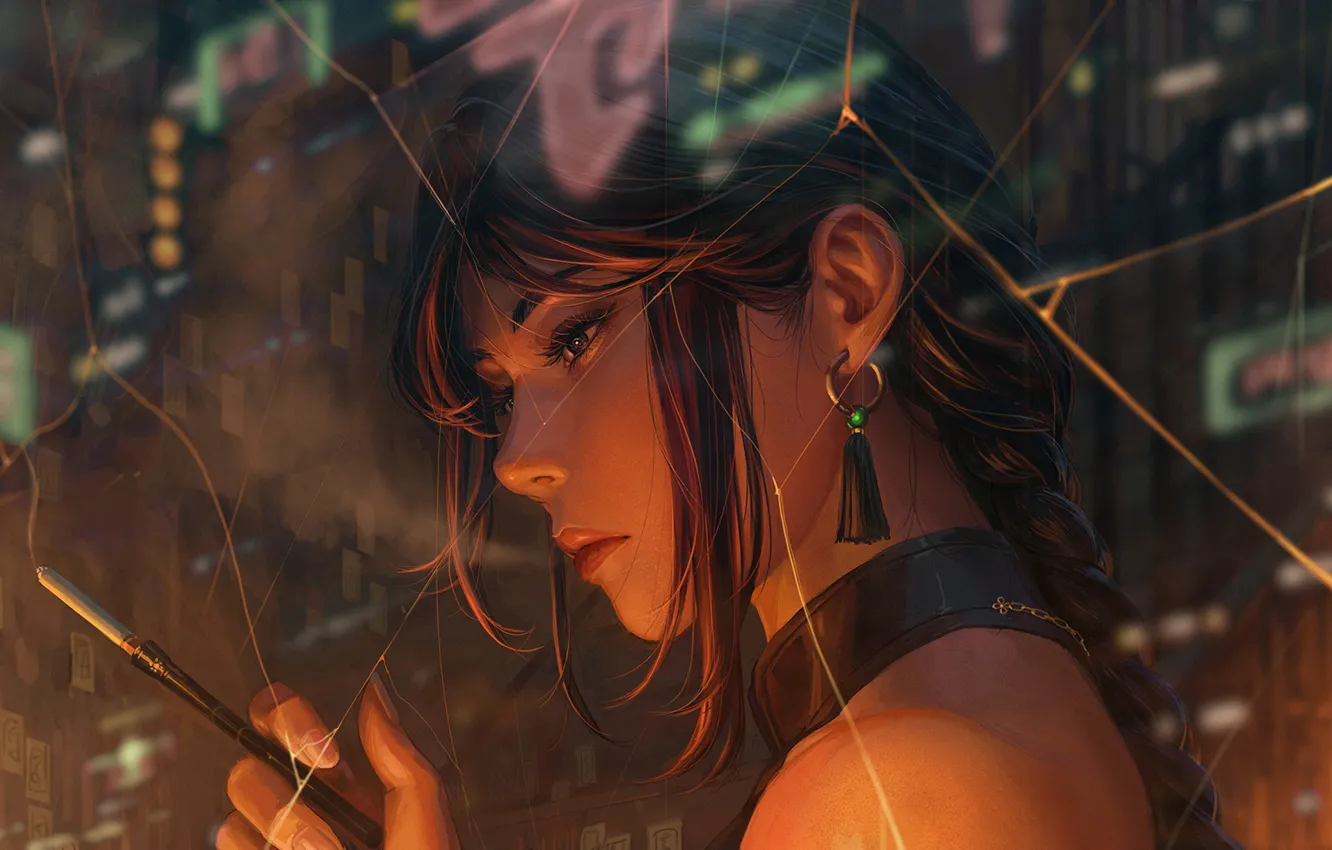 Photo wallpaper girl, cracked, window, smokes, Guweiz