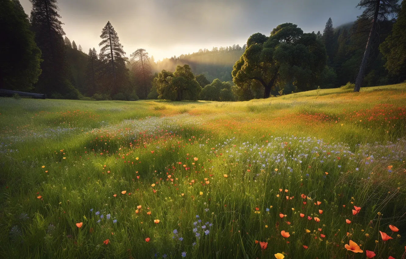 Photo wallpaper field, forest, summer, grass, the sun, rays, light, landscape