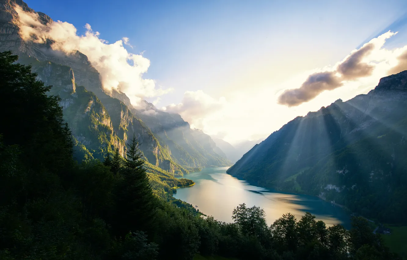 Photo wallpaper forest, mountains, nature, Alps, Switzerland, Klöntalersee, natural lake