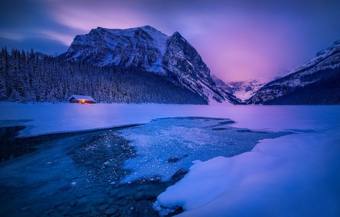 Photo wallpaper winter, forest, snow, mountains, lake, house, dawn, morning