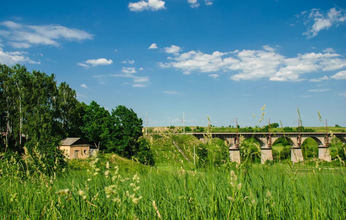 Photo wallpaper summer, the sky, grass, clouds, bridge