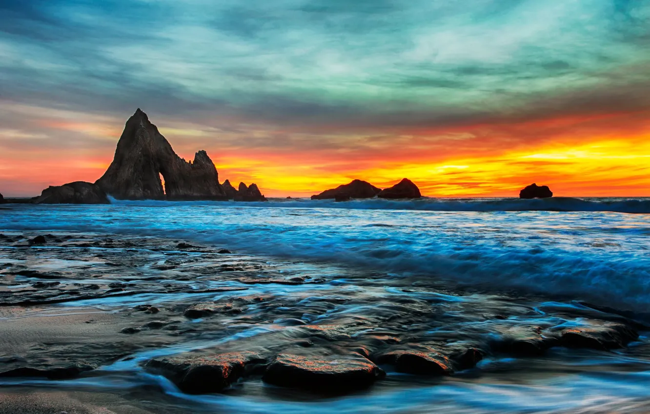 Photo wallpaper sea, wave, the sky, clouds, sunset, stones, rocks, shore