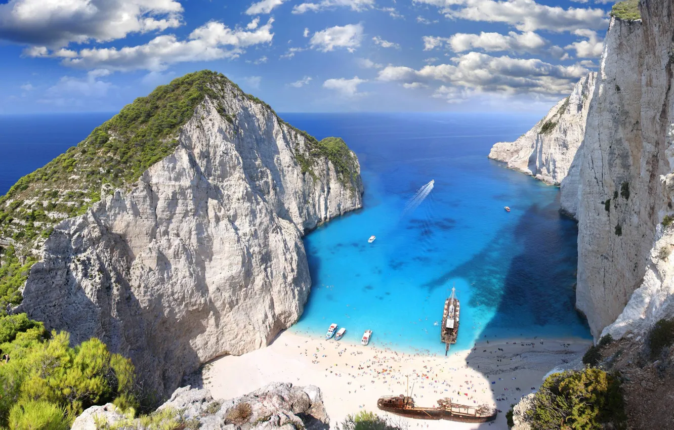 Photo wallpaper beach, clouds, rocks, island, Greece, The Ionian sea, Zakynthos, Shipwreck