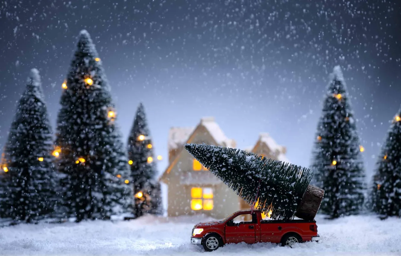 Photo wallpaper tree, new year, house, machine