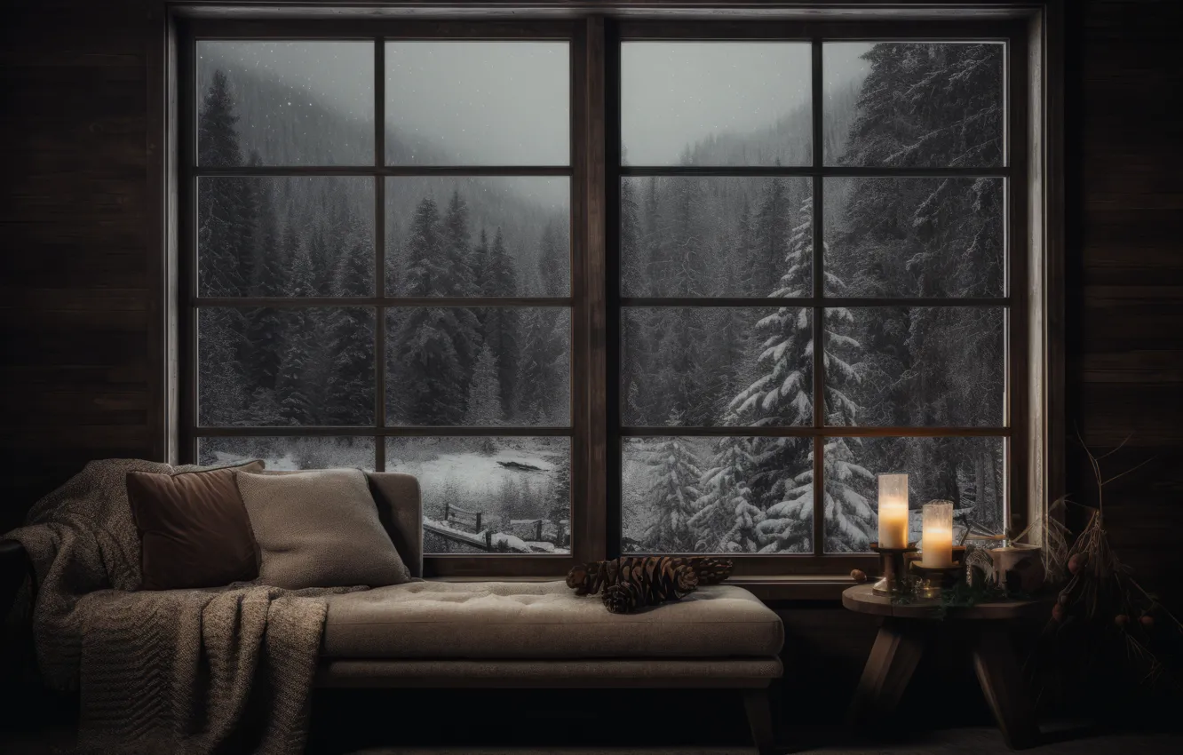 Photo wallpaper winter, frost, snow, comfort, room, sofa, new year, interior